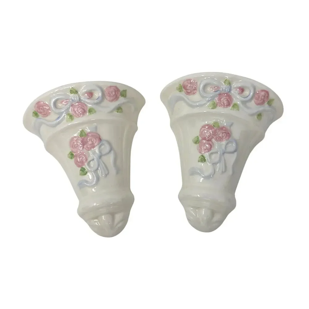 Pair Vintage Ceramic Wall Pocket Vases Pink Roses Blue Bows Cottage Decor